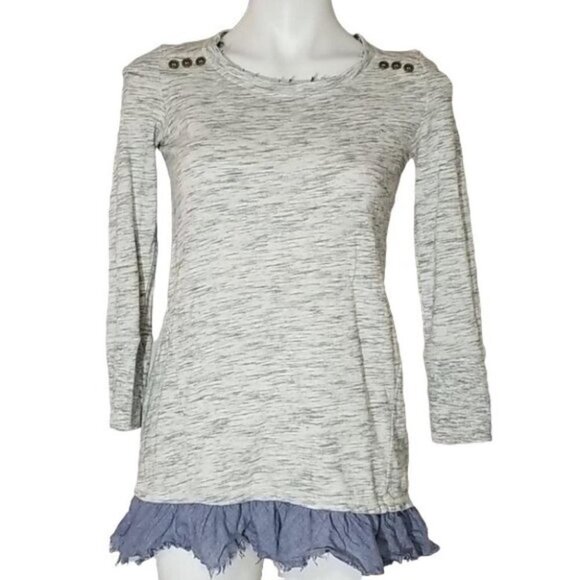 Anthropologie  Saturday Sunday Elora heathered grey 3/4 sleeve w/ruffle blue hem - Picture 8 of 15